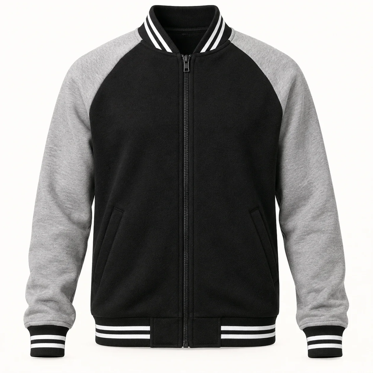 Áo bomber nỉ đen tay xám ráp raglan bo sọc