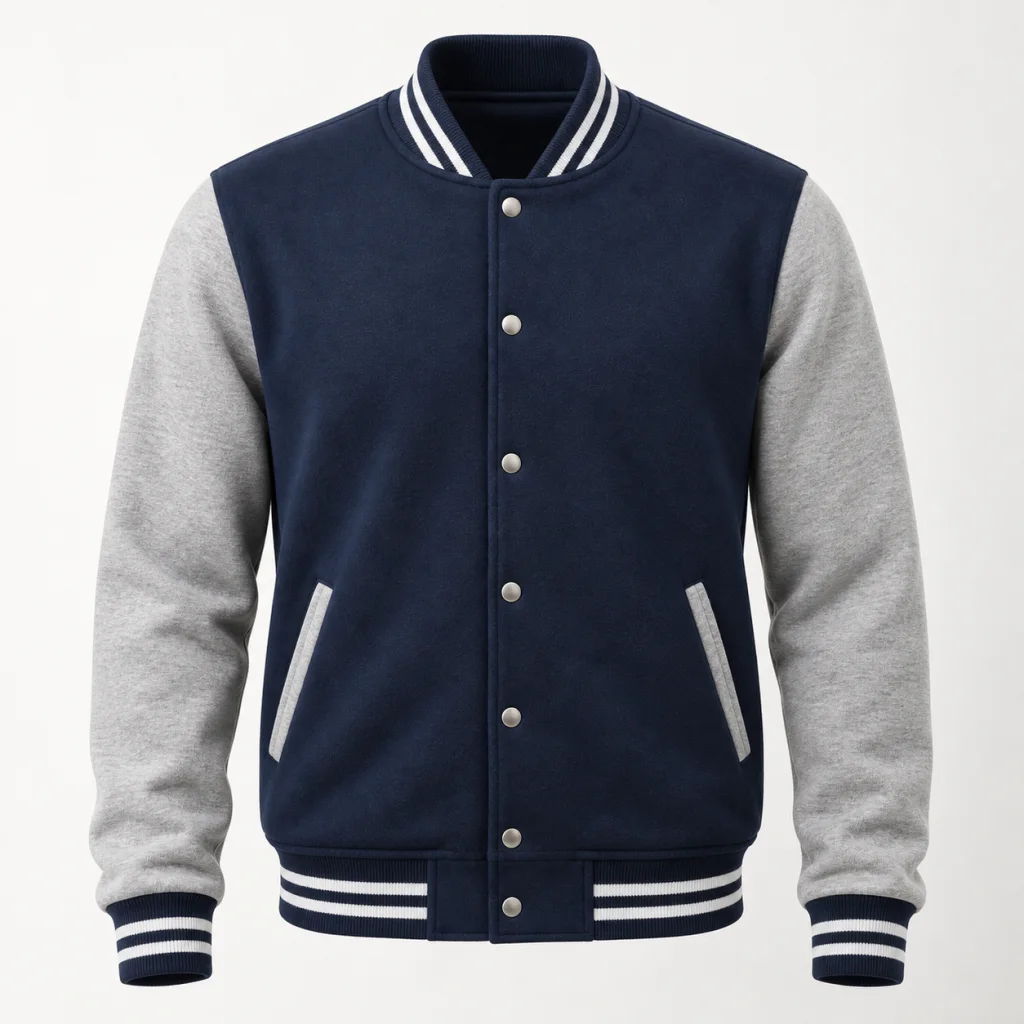 Áo bomber nỉ thân navy tay xám cài khuy bấm