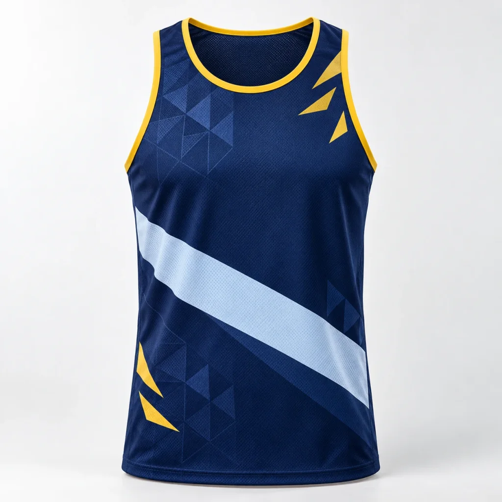 Áo chạy ba lỗ navy cổ viền vàng mảng chéo sáng