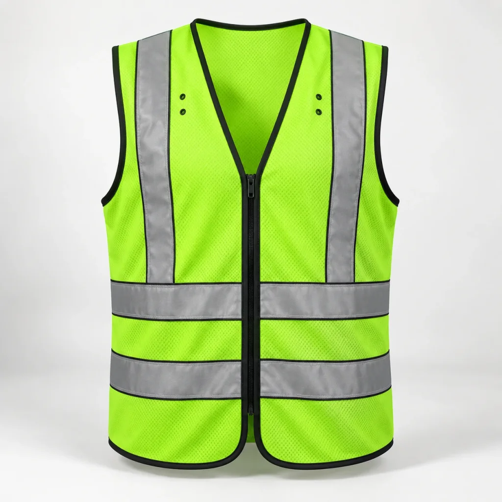 Áo gile xanh neon tối giản khóa kéo bốn dải bạc