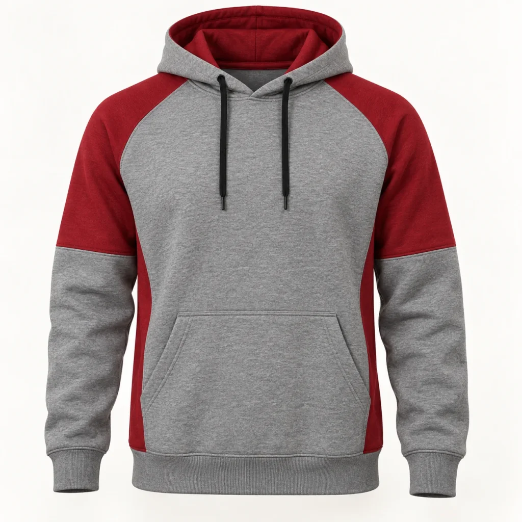 Áo hoodie xám phối vai đỏ và túi trước liền