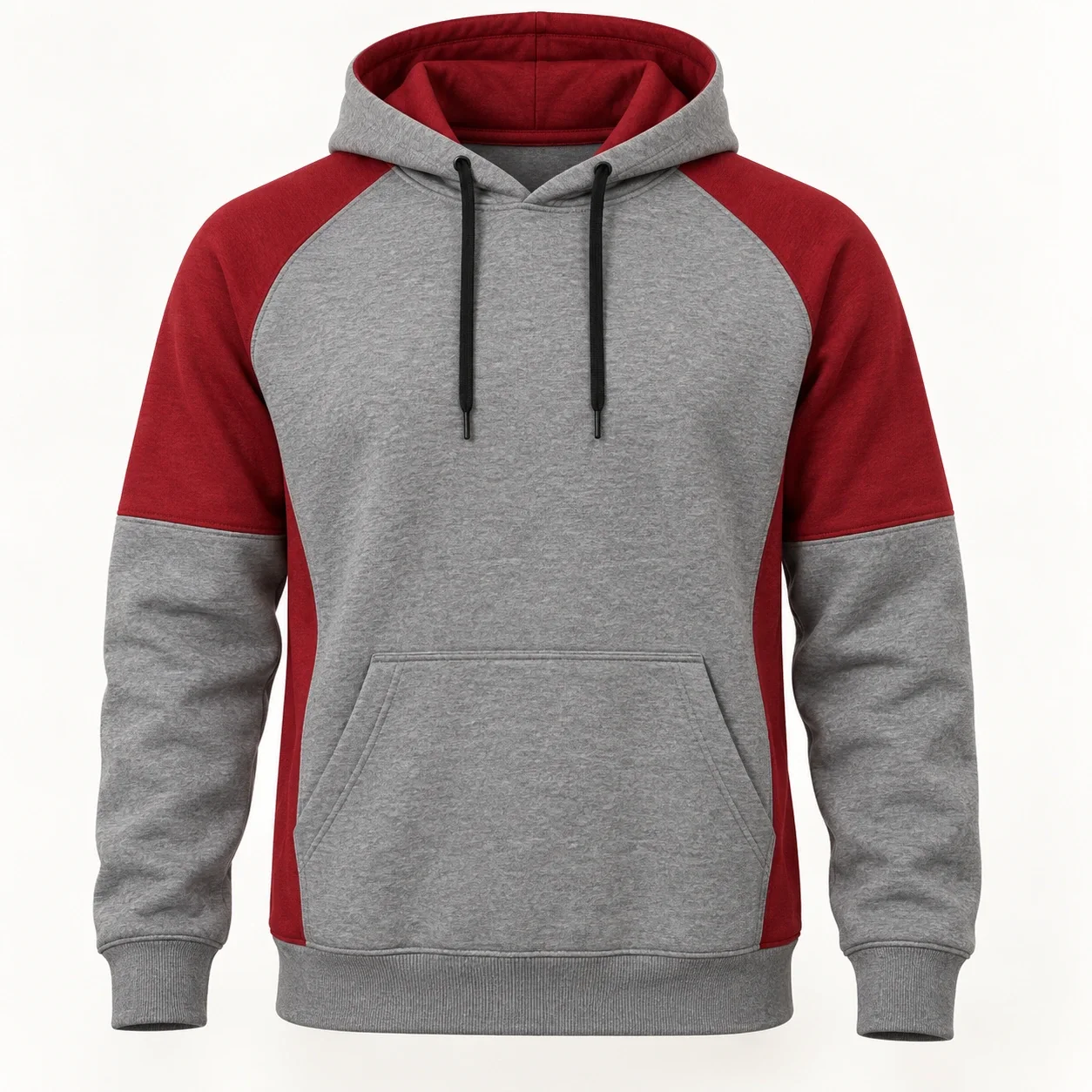 Áo hoodie xám phối vai đỏ và túi trước liền