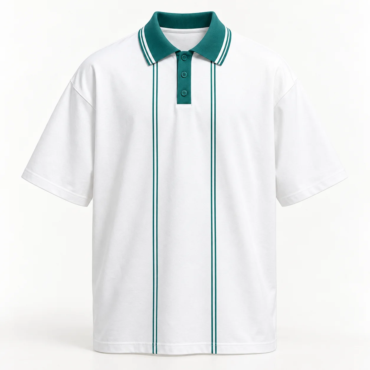 Áo lớp polo trắng cổ xanh phối đôi sọc dọc