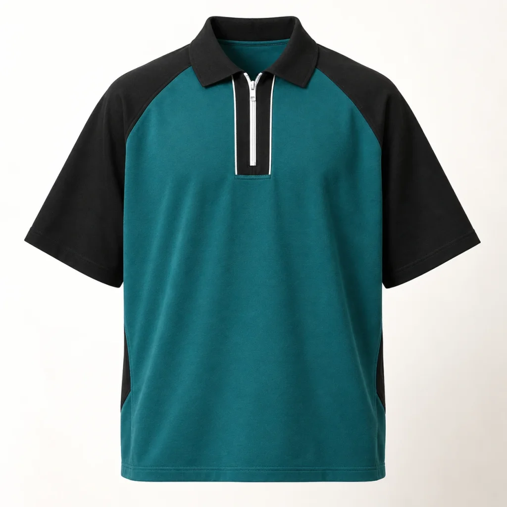 Áo lớp polo xanh cổ vịt khóa kéo phối tay raglan đen