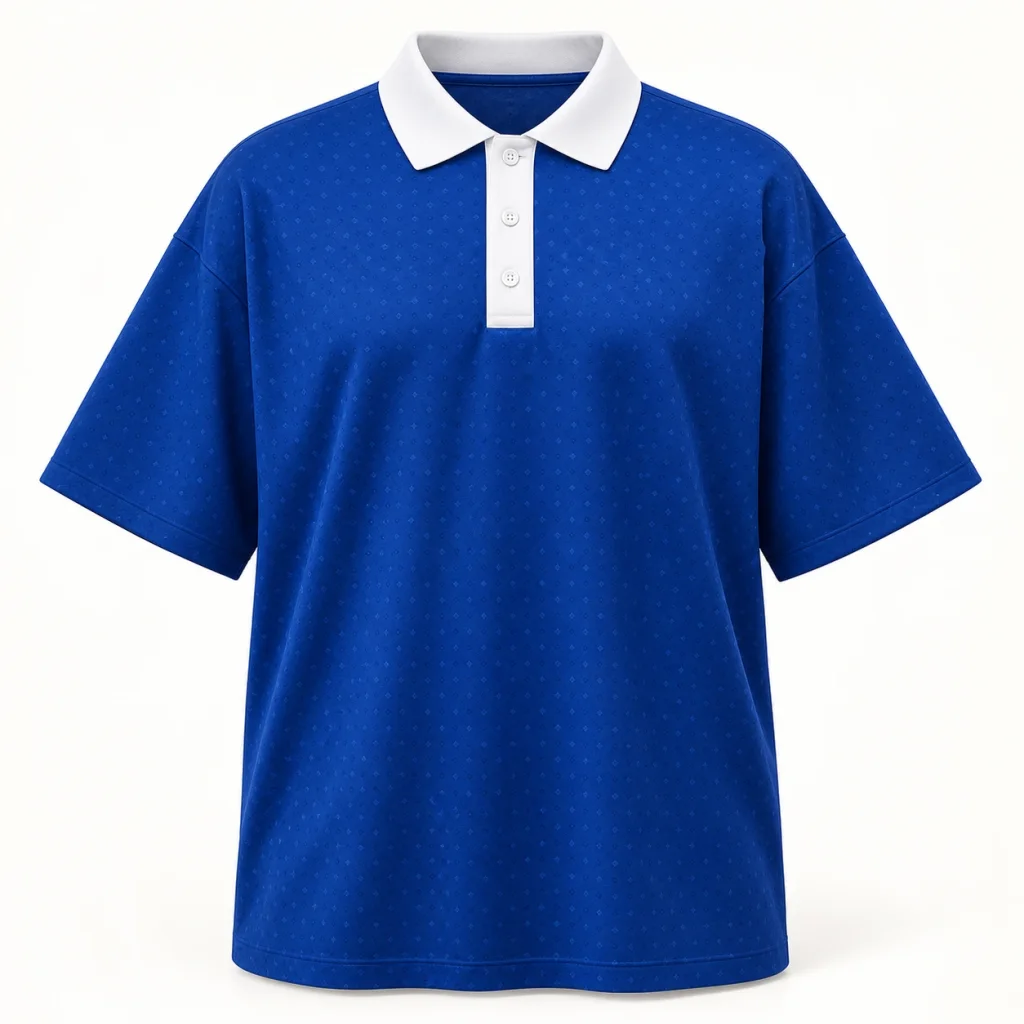 Áo lớp polo xanh cobalt dáng rộng cổ trắng họa tiết nhỏ