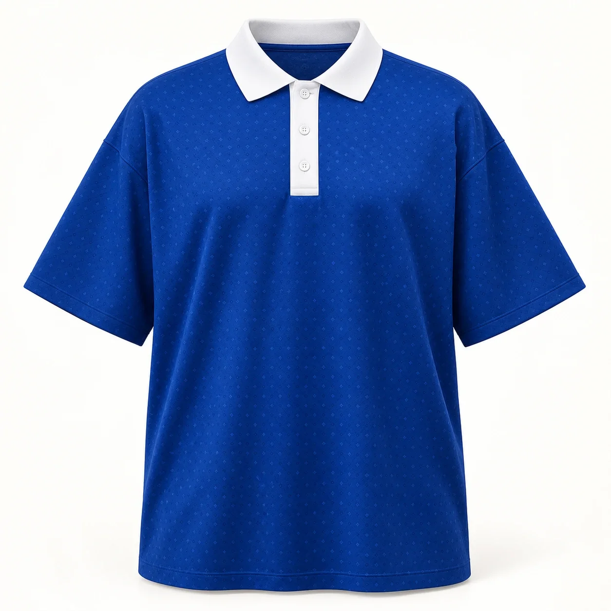 Áo lớp polo xanh cobalt dáng rộng cổ trắng họa tiết nhỏ