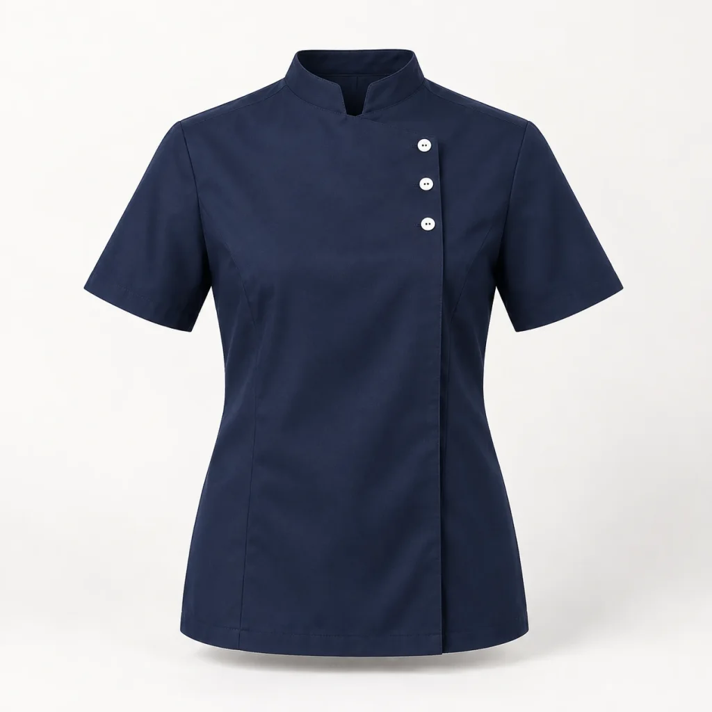Áo phục vụ navy cổ khuyết ba khuy trắng lệch ngực
