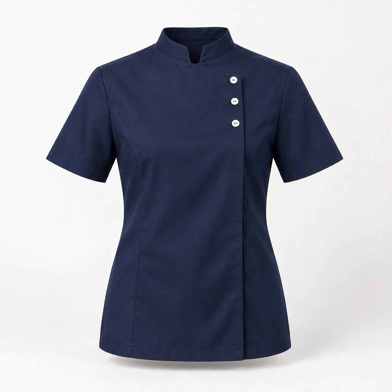 Áo phục vụ navy cổ khuyết ba khuy trắng lệch ngực