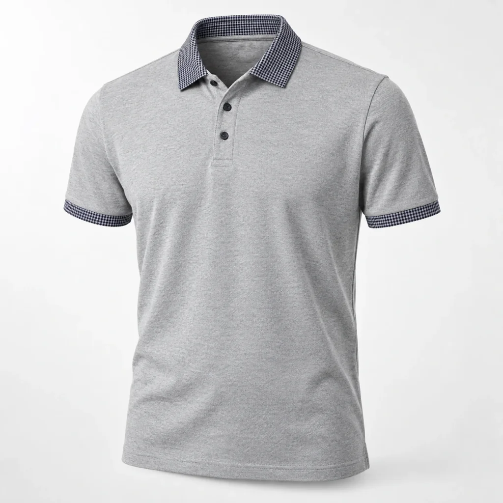 Áo polo ghi cổ và bo tay caro nhỏ
