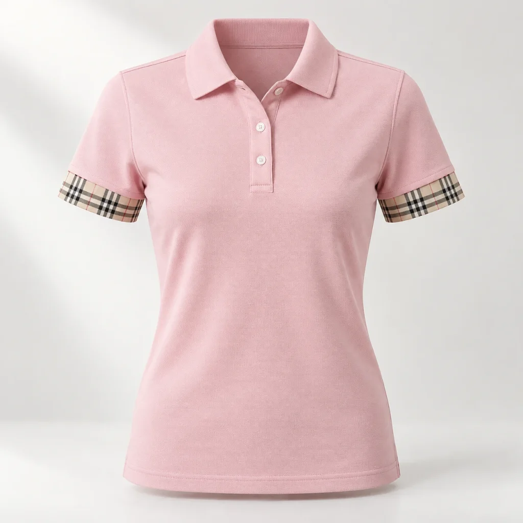 Áo polo hồng phấn cổ trơn bo tay caro