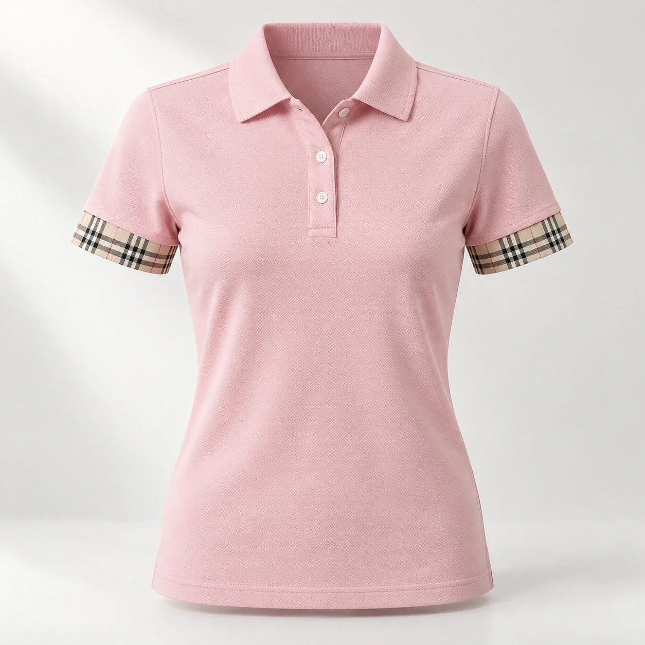 Áo polo hồng phấn cổ trơn bo tay caro