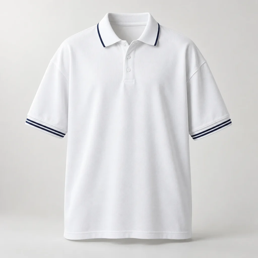 Áo polo lớp trắng cổ viền navy tay bo hai sọc