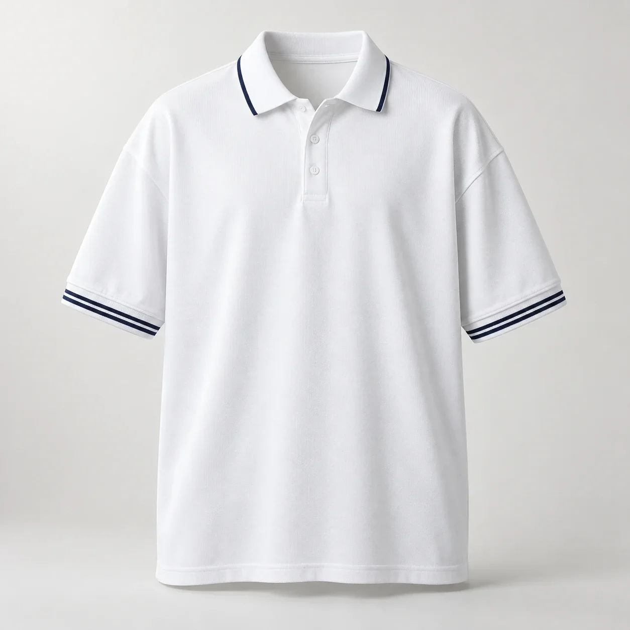 Áo polo lớp trắng cổ viền navy tay bo hai sọc