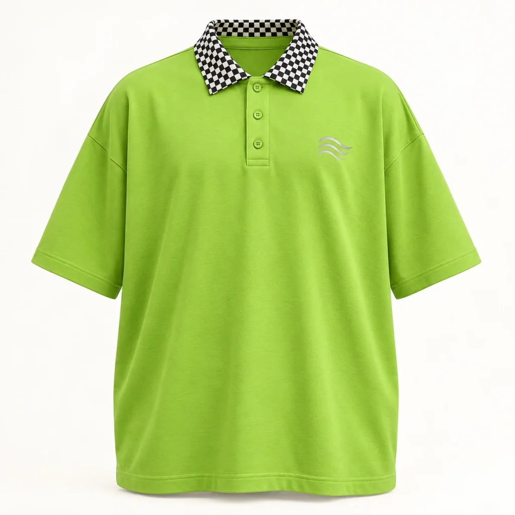 Áo polo lớp xanh lime cổ caro dáng rộng