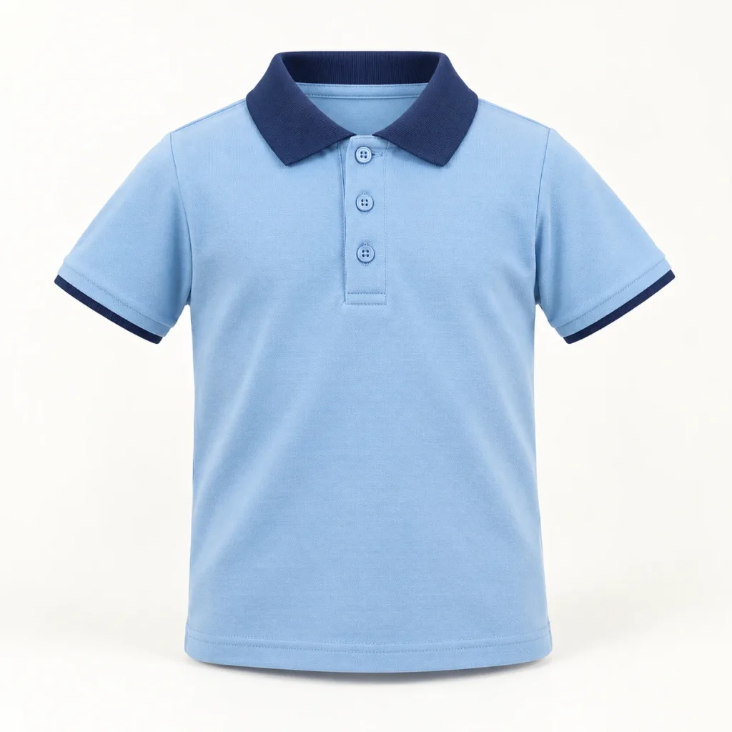 Áo polo mầm non xanh nhạt cổ navy viền tay