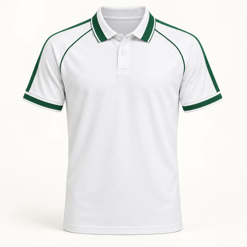 Áo polo thể thao trắng viền vai xanh lá