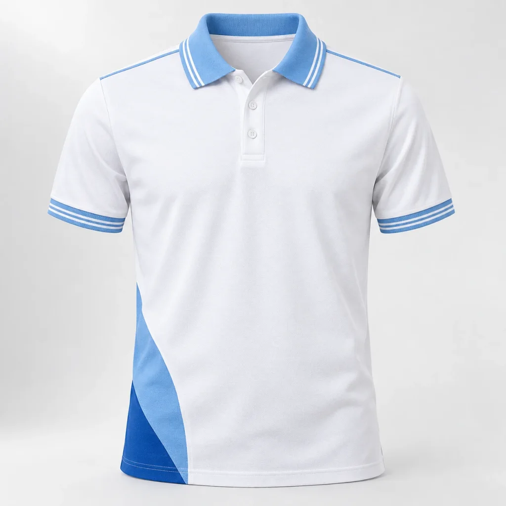 Áo polo trắng cổ xanh mảng cong bên hông