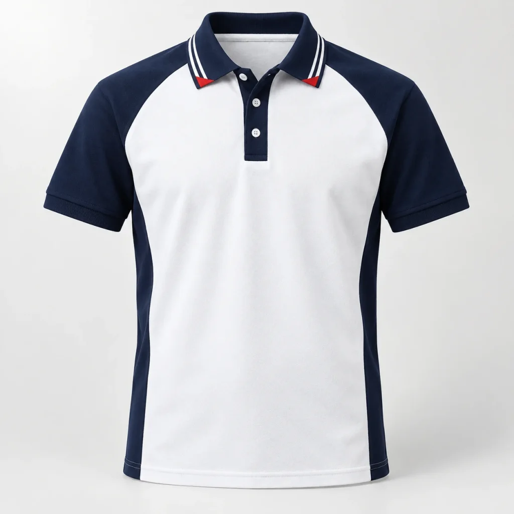 Áo polo trắng tay xanh cổ điểm đỏ