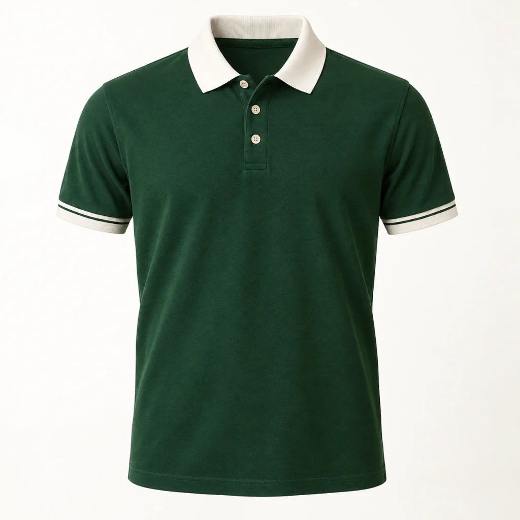 Áo polo xanh lá đậm cổ trắng bo tay sáng