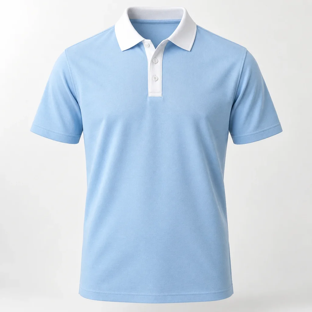 Áo polo xanh nhạt cổ và nẹp trắng
