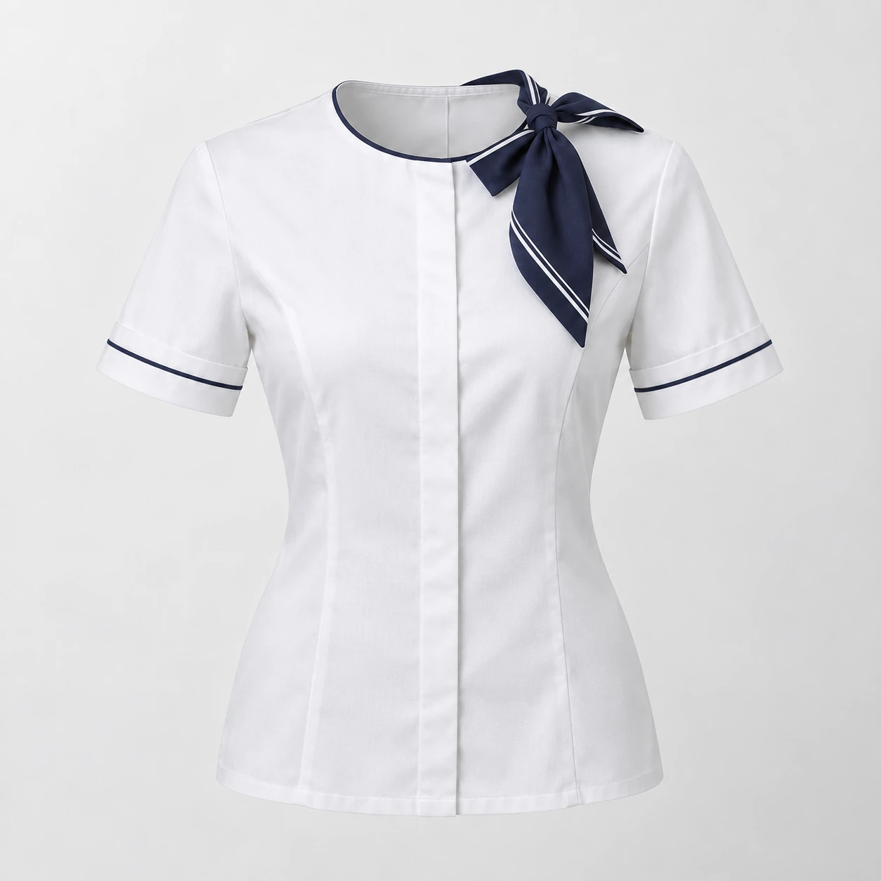 Áo quản lý nữ trắng cổ tròn khăn nơ navy viền tay