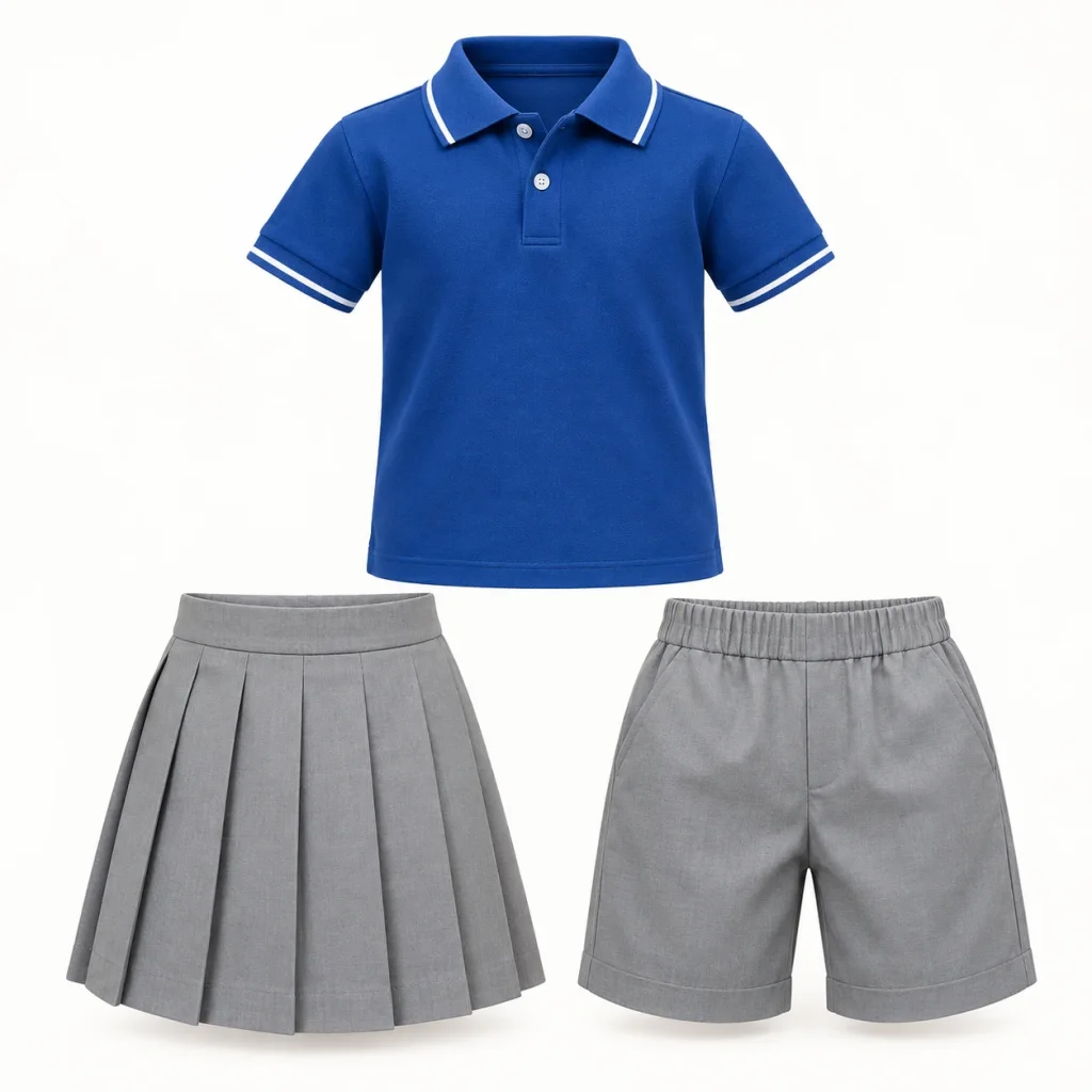 Bộ học sinh mầm non polo xanh phối chân váy quần ghi