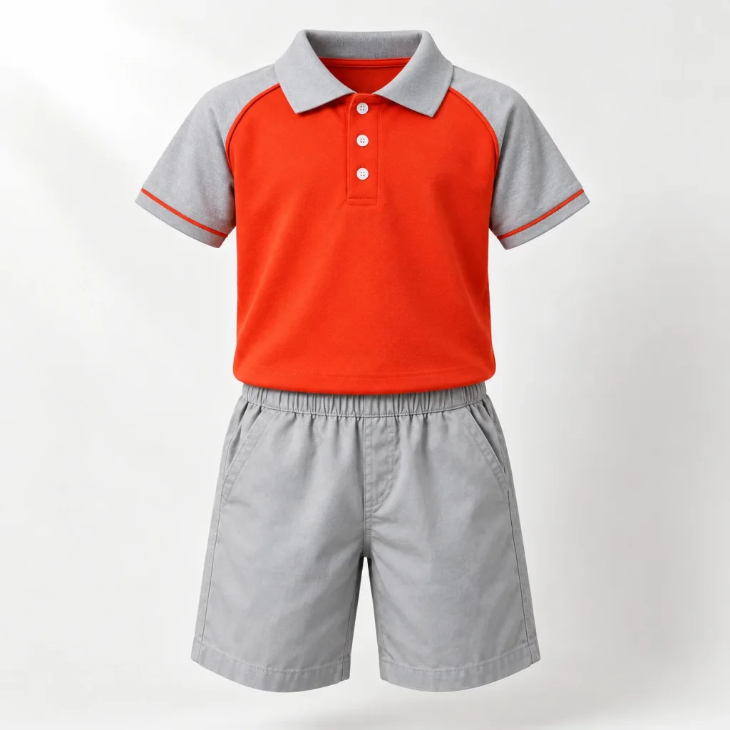 Bộ mầm non polo đỏ cam tay raglan quần short ghi