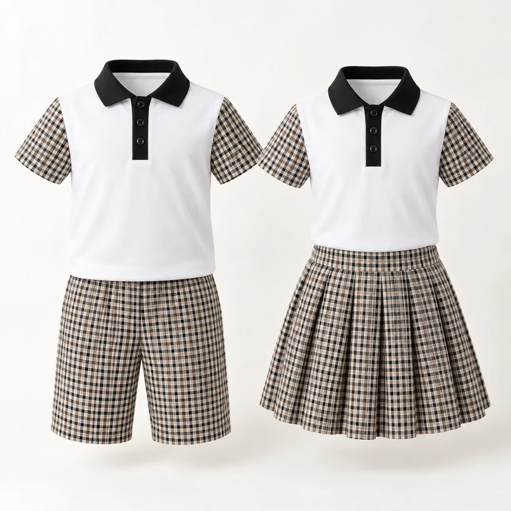 Bộ mầm non polo trắng tay caro kèm quần váy