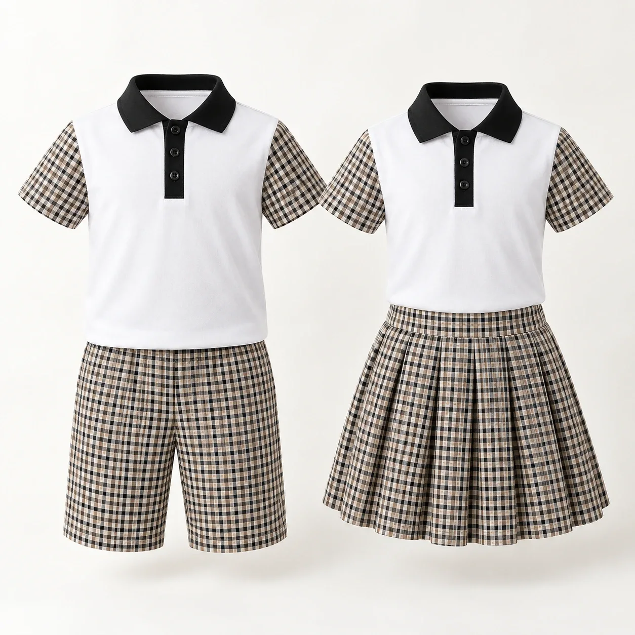 Bộ mầm non polo trắng tay caro kèm quần váy