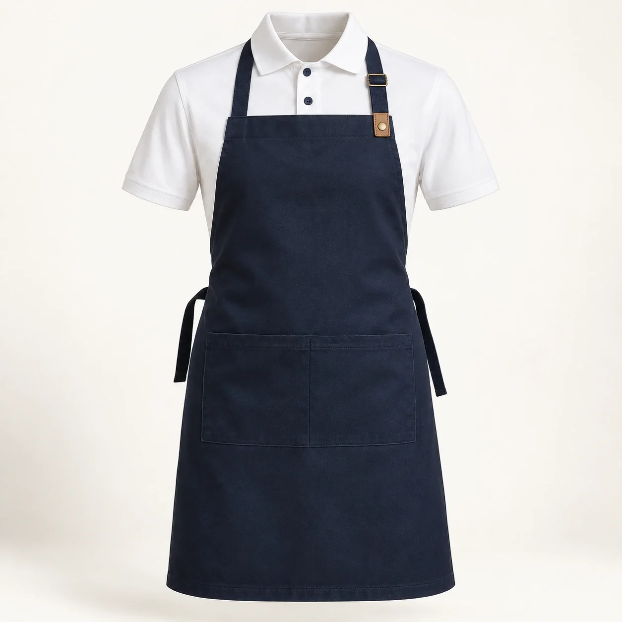 Bộ phục vụ polo trắng phối tạp dề yếm xanh than