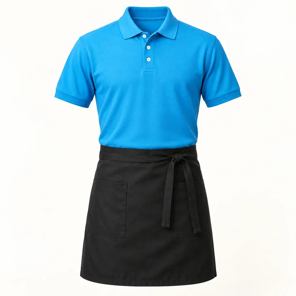 Bộ phục vụ polo xanh biển phối tạp dề eo đen