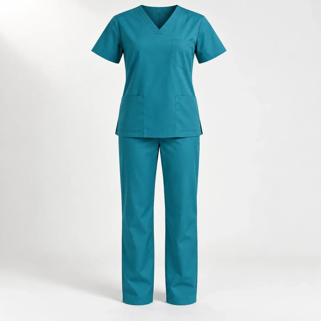 Bộ scrub xanh cổ chữ V ba túi áo