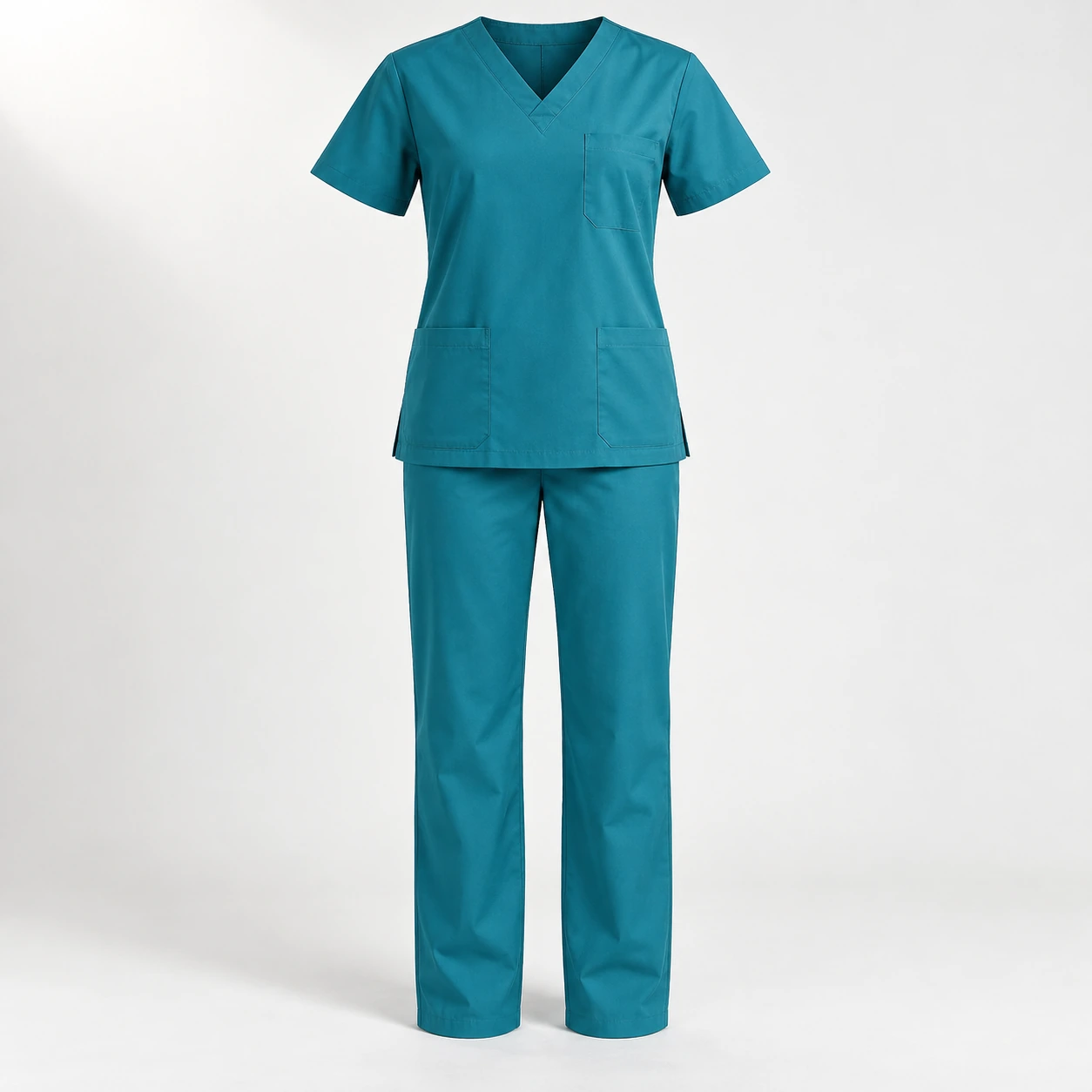 Bộ scrub xanh cổ chữ V ba túi áo