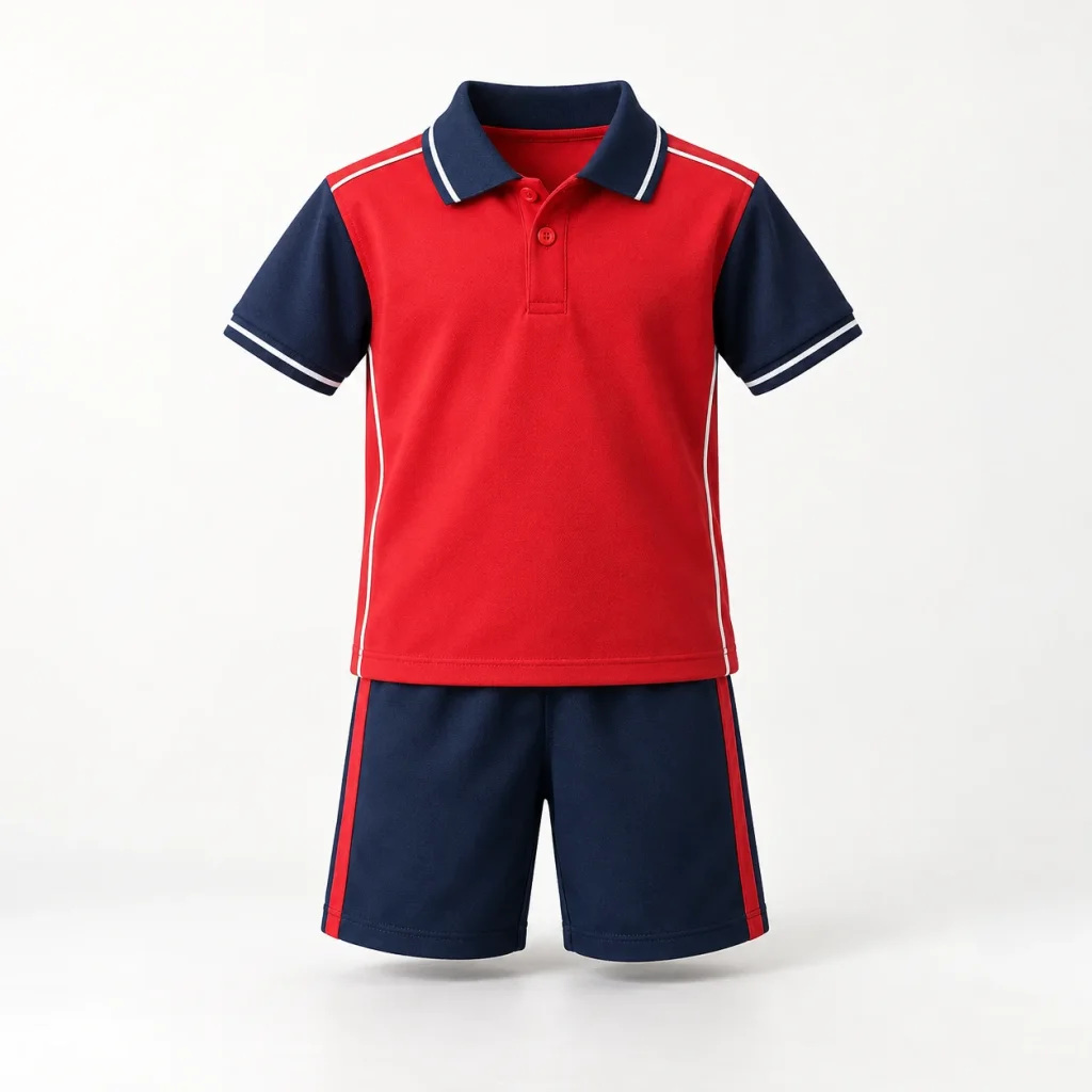 Bộ vận động mầm non polo đỏ tay xanh quần short sọc hông