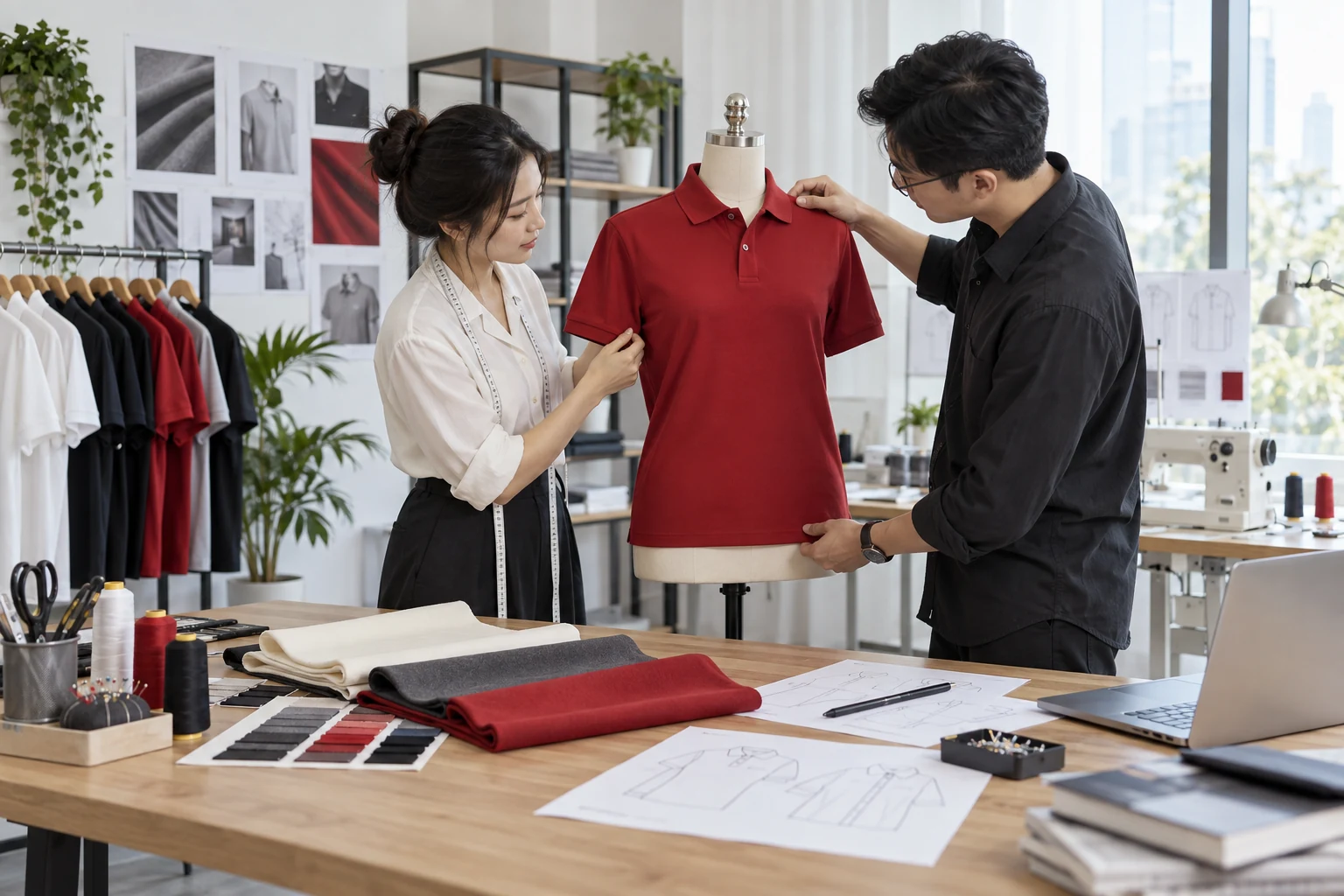 Minh họa chuyên viên trao đổi thiết kế và kiểm tra mẫu đồng phục