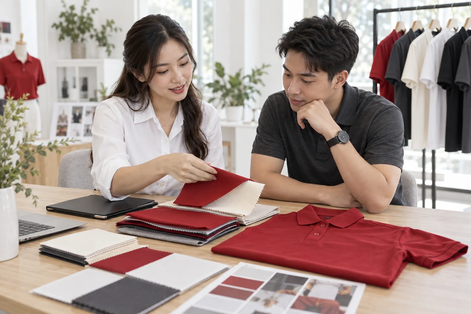 Minh họa buổi tư vấn mẫu và chất liệu đồng phục