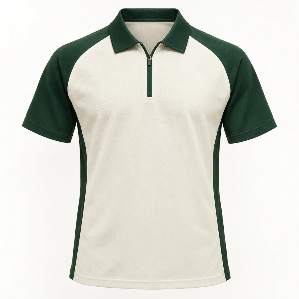 Polo câu lạc bộ màu kem cổ khóa kéo phối raglan xanh