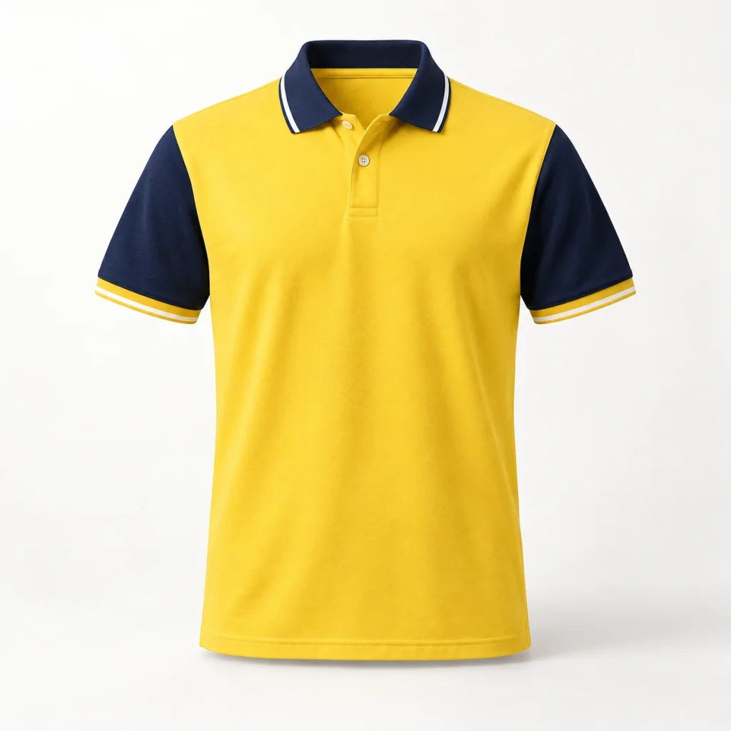 Polo công ty vàng tay xanh navy viền cổ trắng