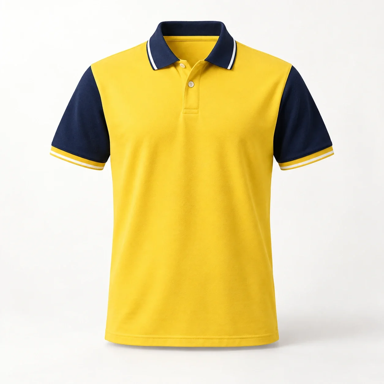 Polo công ty vàng tay xanh navy viền cổ trắng