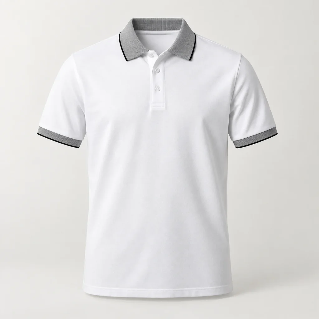 Polo doanh nghiệp trắng cổ và bo tay kẻ xám