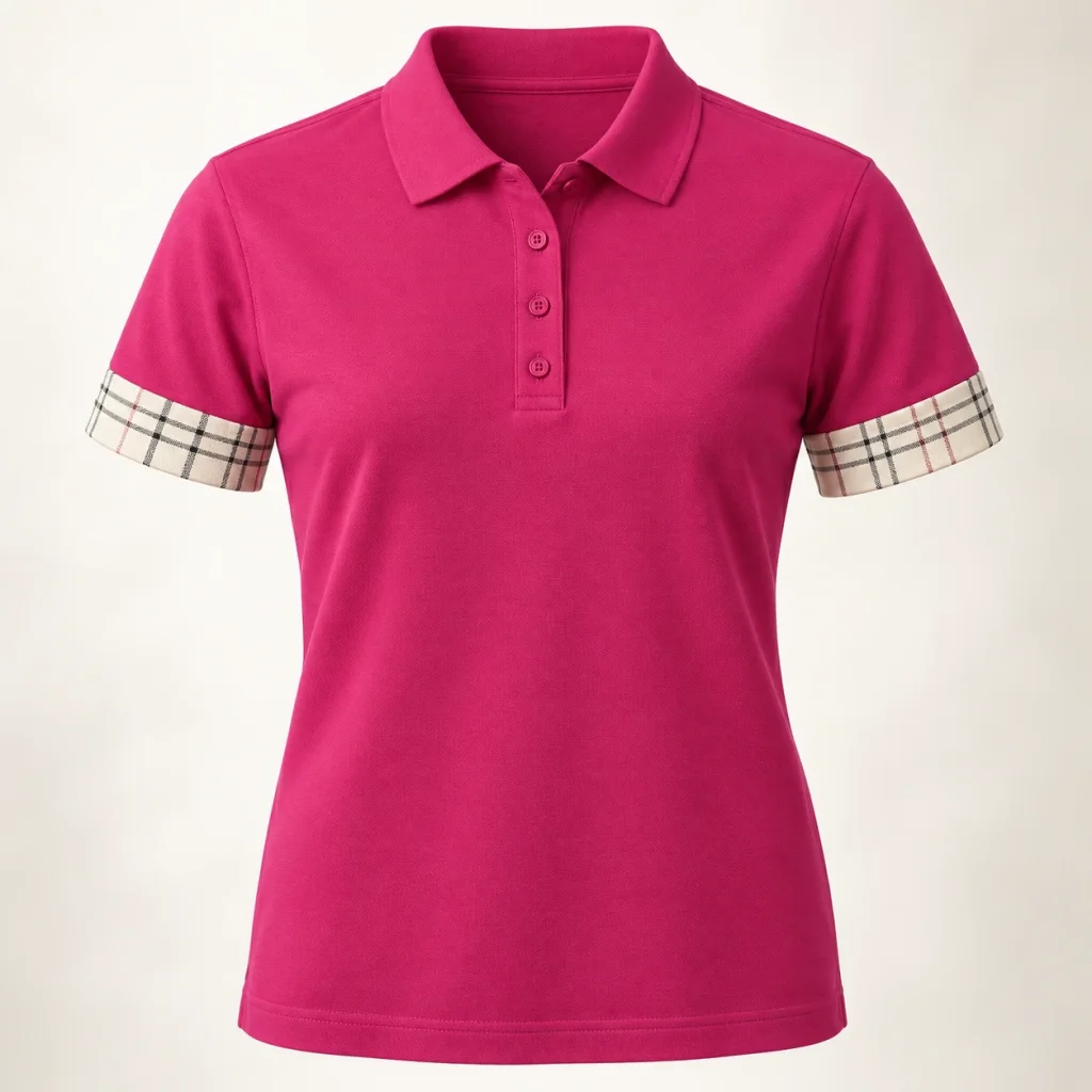 Polo đồng phục hồng đậm phối viền tay caro
