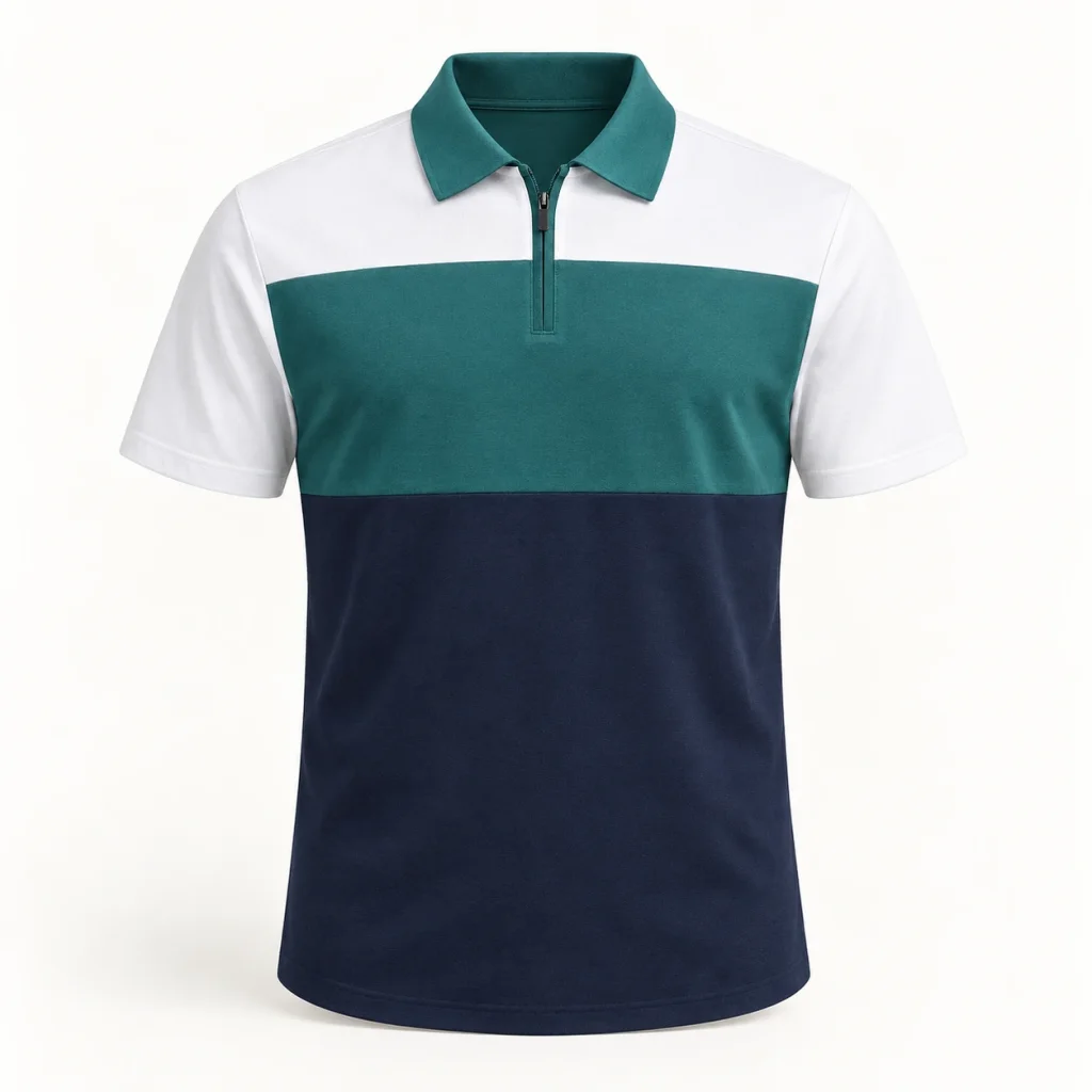 Polo khóa ngắn phối ba mảng xanh trắng