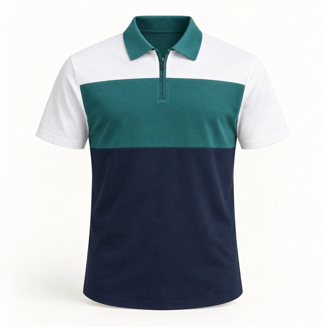Polo khóa ngắn phối ba mảng xanh trắng