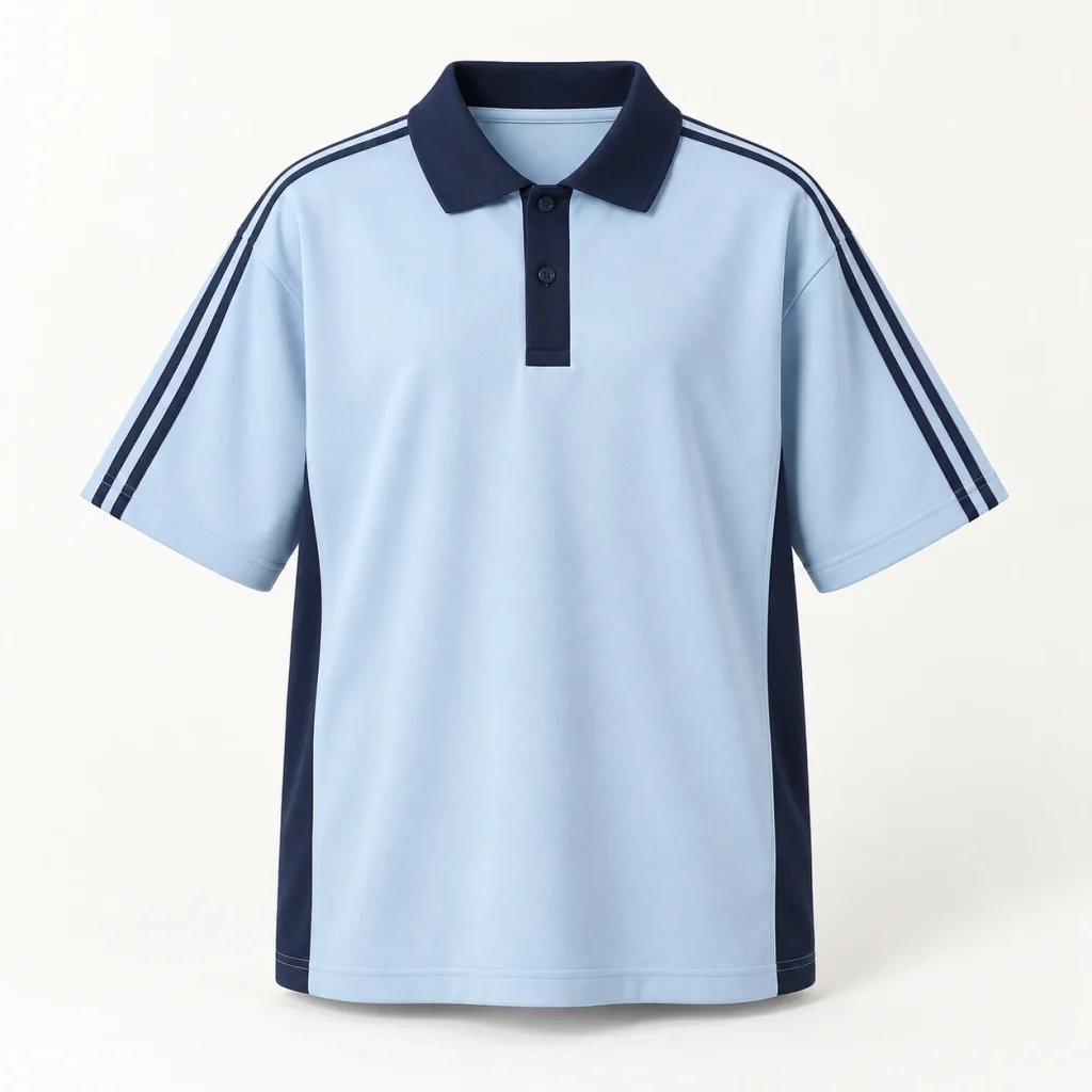 Polo lớp xanh nhạt tay lửng sọc dọc phối sườn navy