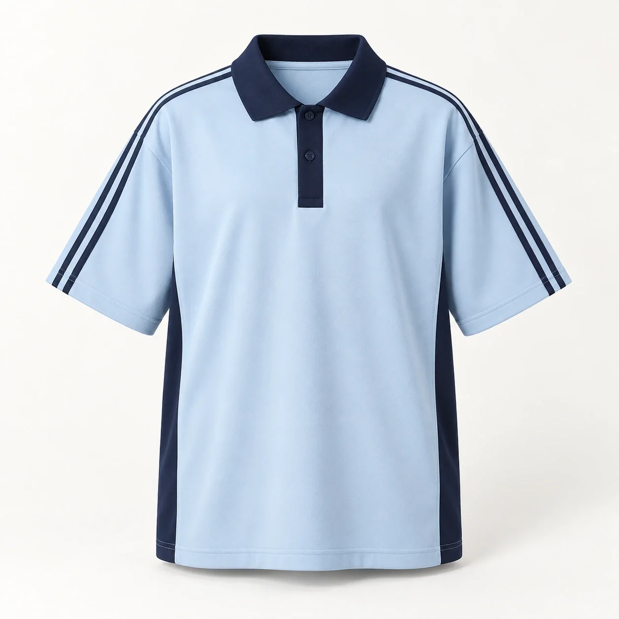 Polo lớp xanh nhạt tay lửng sọc dọc phối sườn navy