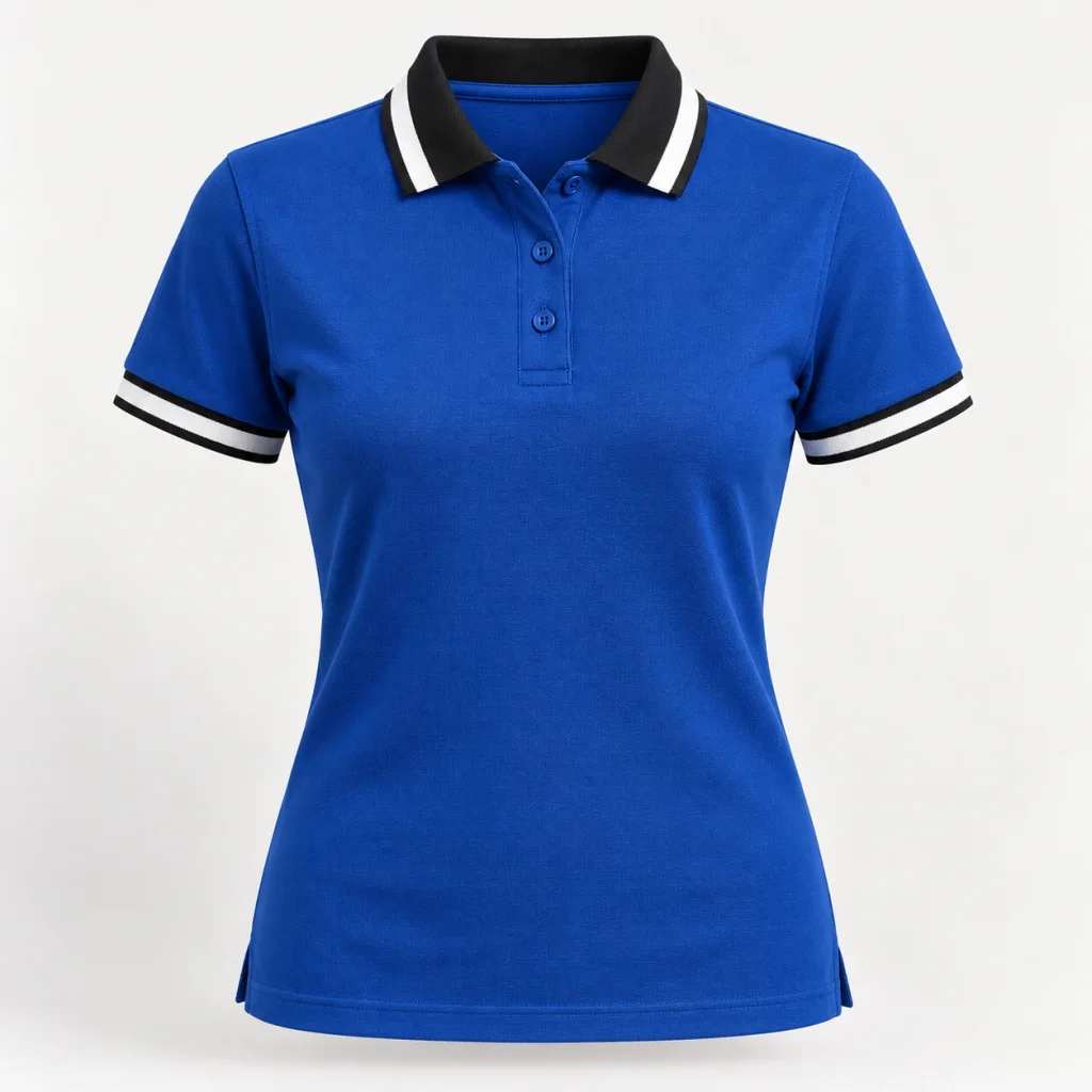 Polo nữ xanh cổ đen và bo tay sọc trắng