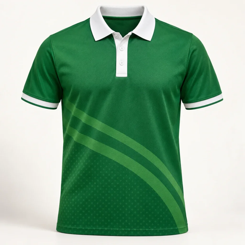 Polo tập thể xanh cổ trắng họa tiết đường cong