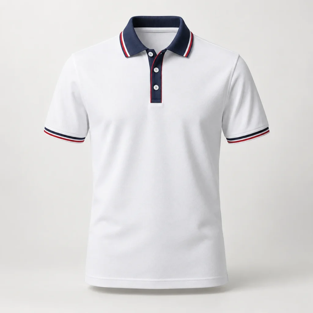 Polo trắng cổ xanh than viền đỏ, bo tay sọc