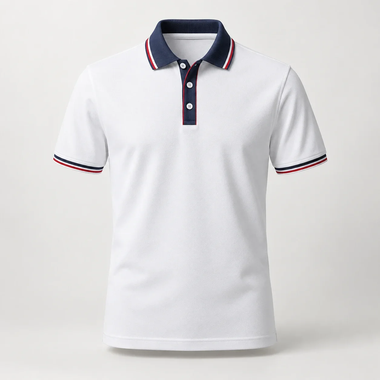 Polo trắng cổ xanh than viền đỏ, bo tay sọc