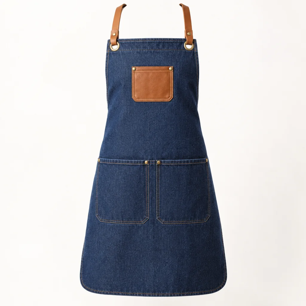 Tạp dề yếm denim xanh dây nâu ba túi
